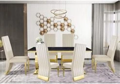 Anewsun 5 Pieces Black Gold Dining Table Set, Black Texture Top Dining Room Table With 4 White Leather Upholstered Chairs, 72" Rectangular Dining Table Set For 4 -Amazon Store 41uFcwOpnNL. AC