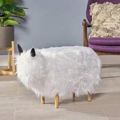 Christopher Knight Home Kamla Furry Yak Ottoman, White, Natural Finish -Amazon Store 41ufOleX7CL
