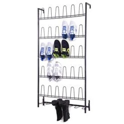MyGift Black Metal Wall Mounted Boots And Shoe Rack, 18 Pair Entryway Shoe Storage Organizer Stand