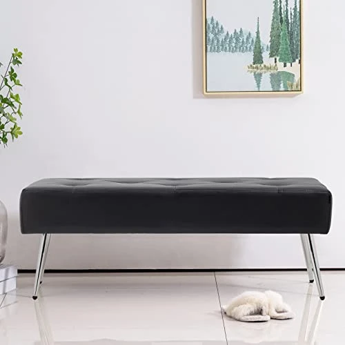 Furnimart Faux Leather Bench Ottoman, Tufted Button Bedroom Benches Footrest Stool In Solid Metal Legs, Long And Dining Bench, Indoor Bench For Entryway Living Room Bedroom (Leather-Black) 8 Furnimart Faux Leather Bench Ottoman, Tufted Button Bedroom Benches Footrest Stool In Solid Metal Legs, Long And Dining Bench, Indoor Bench For Entryway Living Room Bedroom (Leather-Black) - Image 6