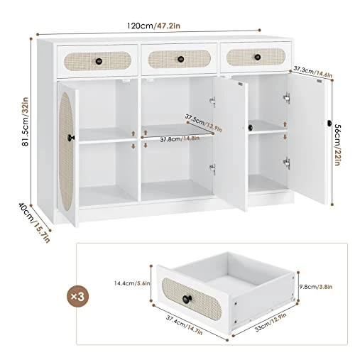 FOTOSOK Buffet Cabinet, Rattan Kitchen Cabinet With 3 Doors And 3 Drawers, Sideboard With Storage And Adjustable Shelves, Rattan Buffet Table For Kitchen Dining Room Living Room Hallway 3 FOTOSOK Buffet Cabinet, Rattan Kitchen Cabinet With 3 Doors And 3 Drawers, Sideboard With Storage And Adjustable Shelves, Rattan Buffet Table For Kitchen Dining Room Living Room Hallway