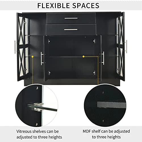 Harper & Bright Designs Storage Cabinet, Stylish Functional Sideboard With Tempered Glass Large Storage Space Adjustable Shelves Buffet, For Entryway/Kitchen/Living Room/Bedroom, Black 3 Harper & Bright Designs Storage Cabinet, Stylish Functional Sideboard With Tempered Glass Large Storage Space Adjustable Shelves Buffet, For Entryway/Kitchen/Living Room/Bedroom, Black
