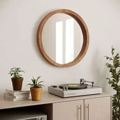 Modern Market 24" Round Wall Mirrors Decorative Wood Farmhouse Wall Mirror, Rustic Wall Mirror, Bedroom Mirrors For Wall Decor, Hanging Wall Mirror For Living Room, Bathroom Vanity Mirror, Brown