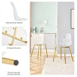 Ufurpie 5 Pieces Dining Room Table Set,Glass Dining Table & 4 Clear Dining Chairs,Gold Chrome Legs,Modern Clear Dining Table And Chair Sets For Small Space Living Room,Kitchen,Clear/Gold -Amazon Store 41vipAWsClL