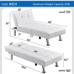 Yaheetech Faux Leather Chaise Lounge Indoor Convertible Chaise Futon Tufted Chaise Daybed With Chrome Metal Legs Converts To Recliner/Bed White -Amazon Store 41vuASYERLL