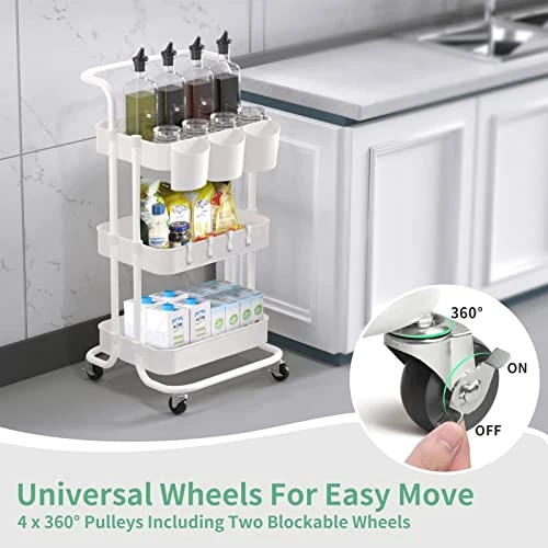 ALVOROG 3-Tier Rolling Utility Cart Storage Shelves Multifunction Storage Trolley Service Cart With Mesh Basket Handles And Wheels Easy Assembly For Bathroom, Kitchen, Office (White) 3 ALVOROG 3-Tier Rolling Utility Cart Storage Shelves Multifunction Storage Trolley Service Cart With Mesh Basket Handles And Wheels Easy Assembly For Bathroom, Kitchen, Office (White)