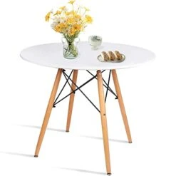 Round Dining Table White Kitchen Table White Dining Table With MDF Top Modern Style Coffee Table Leisure Dining Room Round Table For Kitchen Living Room(with A Free Table Cloth)