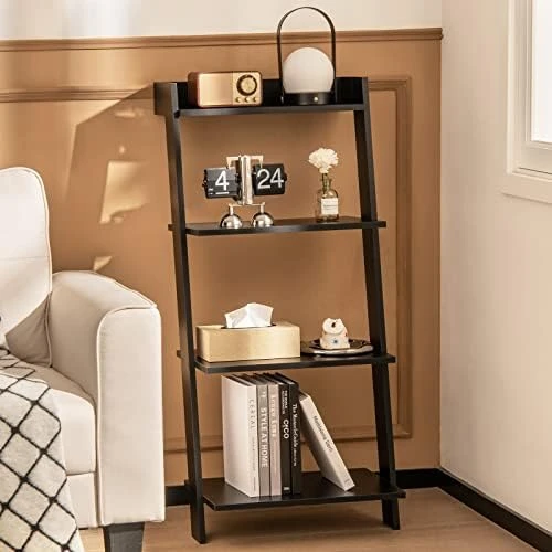Giantex 4-Tier Wooden Ladder Shelf - Wall Leaning Storage Shelves With Anti-toppling Device, Anti-Falling Baffles, Ladder Bookshelf Organizer For Living Room, Bedroom, Small Place, Black 10 Giantex 4-Tier Wooden Ladder Shelf - Wall Leaning Storage Shelves With Anti-toppling Device, Anti-Falling Baffles, Ladder Bookshelf Organizer For Living Room, Bedroom, Small Place, Black - Image 8