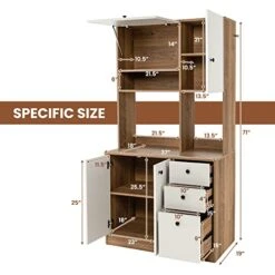 LOKO 71” Tall Kitchen Pantry Storage Cabinet, Freestanding Buffet Hutch With Doors, Adjustable Shelves, 3 Drawers And Microwave Stand, Kitchen Hutch For Dining Room, Living Room (White & Natural) -Amazon Store 41w8RBbWoCL