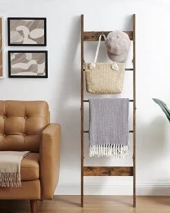Hzuaneri Blanket Ladder - For Bedroom, Decorative Wood Quilt Rack With 4 Removable Hooks, 5-Tier Farmhouse Ladder Holder Organizer For Bathroom Living Room, Rustic Brown And Black 02101BBR -Amazon Store 41wB41nPmdL