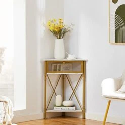 VECELO Cabinet/Table, 3-Tier Display Shelves With Protection Door, Metal Frame Storage Shelf Organizer For Small Space, Living Room, Kitchen, Bathroom, Set Of 2, Gold+Black -Amazon Store 41wDk3md4oL