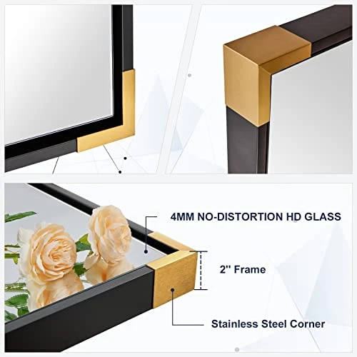 ANDY STAR 24x40” Strong Pine Wood Black Mirrors For Bathroom, Modern Horizontal Mirror With Gold Metal Corner, Clean Rectangle Wall Mirror Vanity Mirror 2" Depth Design Hangs Vertical Or Horizontal 6 ANDY STAR 24x40” Strong Pine Wood Black Mirrors For Bathroom, Modern Horizontal Mirror With Gold Metal Corner, Clean Rectangle Wall Mirror Vanity Mirror 2" Depth Design Hangs Vertical Or Horizontal - Image 4