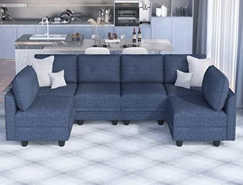 LLappuil Modular Sectional Sofa With Storage, Faux Leather Fabric 7 Seater Modular Sofa With Reversible Chaise, 112 Inch Convertible U Shape Sectional Couch With Ottomans, Aqua Blue 15 LLappuil Modular Sectional Sofa With Storage, Faux Leather Fabric 7 Seater Modular Sofa With Reversible Chaise, 112 Inch Convertible U Shape Sectional Couch With Ottomans, Aqua Blue - Image 13