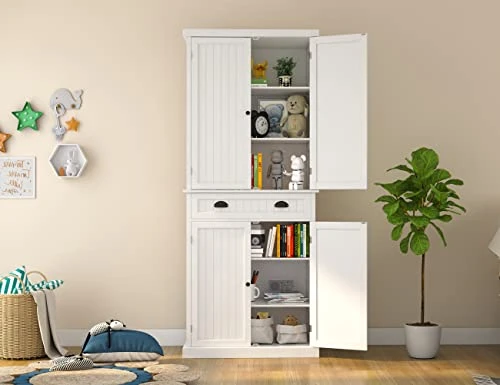 Yusong 72'' Tall Kitchen Pantry Cabinet, Farmhouse Storage Cabinet With 4 Doors, Drawer And Adjustable Shelf, Freestanding Wooden Cupboard Buffet For Home Dining Room Living Room Entryway, White 3 Yusong 72'' Tall Kitchen Pantry Cabinet, Farmhouse Storage Cabinet With 4 Doors, Drawer And Adjustable Shelf, Freestanding Wooden Cupboard Buffet For Home Dining Room Living Room Entryway, White