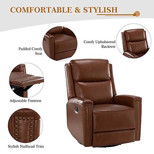 HULALA HOME Genuine Leather Swivel Rocker Recliners Set Of 2, Manual Glider Recliner Chairs With Adjustable Backrest & Footrest, Modern Home Theater Sofa Armchairs For Living Room Bedroom, Brown 8 HULALA HOME Genuine Leather Swivel Rocker Recliners Set Of 2, Manual Glider Recliner Chairs With Adjustable Backrest & Footrest, Modern Home Theater Sofa Armchairs For Living Room Bedroom, Brown - Image 6