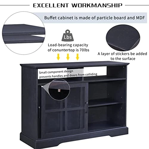 Kitchen Sideboard Buffet With 2 Glass Sliding Doors And Adjustable Shelves Storage Cabinet For Dining Room 6 Kitchen Sideboard Buffet With 2 Glass Sliding Doors And Adjustable Shelves Storage Cabinet For Dining Room - Image 4