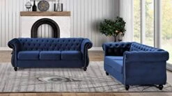 Container Furniture Direct Feinstein Modern Velvet Chesterfield Couches For Living Room With Nailheads, Diamond Tufting & Durable Metal Frame, Loveseat, Sofa, Dark Blue