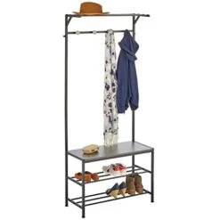 MDesign Coat Rack And Bench Organizer System Storage Unit, 4 Hooks Holds Jackets, Scarves, Purses, Hats, Leashes, Shoes, Boots For Bedroom, Hallway, Entryway 2-Tier Storage Bench- Black/Gray Wood Wash
