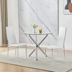 BELIFEGLORY Dining Table With Chairs Set, 5PCS Round Glass Table Set Modern Tempered Glass Top Table With 4 Velvet Chairs Dining Room Furniture -Amazon Store 41xBDW4bVXL. AC