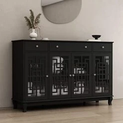 DiDuGo Sideboard With Glass Doors, Mirrored Sideboard Storage Cabinet With 3 Drawers, Credenza Sideboard Buffet With Wooden Legs, For Living Room Hallway White (55.1”W X 15.7”D X 35.4”H) -Amazon Store 41xH05LhBSL. AC