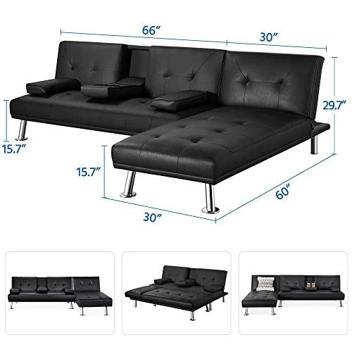 Yaheetech Faux Leather Futon Sofa Bed Sectional Futon Couch Sleeper With Armrest Home Convertible Recliner Couch With Chaise Lounge Black 5 Yaheetech Faux Leather Futon Sofa Bed Sectional Futon Couch Sleeper With Armrest Home Convertible Recliner Couch With Chaise Lounge Black - Image 3