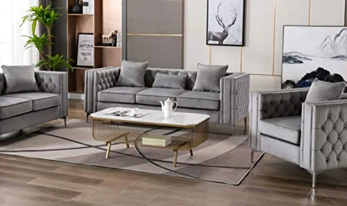 Lilola Home Lorreto Gray Velvet Sofa 4 Lilola Home Lorreto Gray Velvet Sofa - Image 2