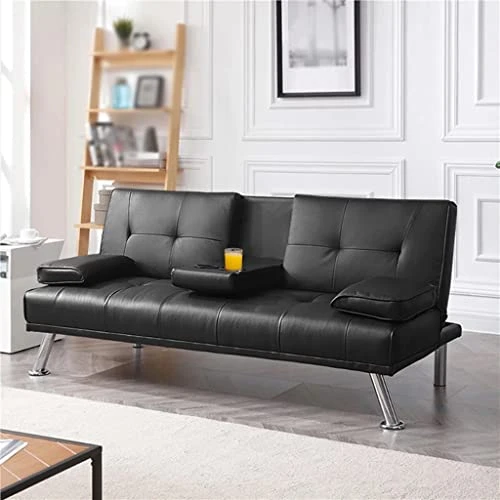 TJLSS Faux Leather Futon Multifunctional Convertible Folding Bed Sofa With Cupholders Pillows 4 TJLSS Faux Leather Futon Multifunctional Convertible Folding Bed Sofa With Cupholders Pillows - Image 2