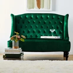 Christopher Knight Home Leora Modern Glam Tufted Velvet Wingback Loveseat, Emerald / Dark Brown -Amazon Store 41xWTNW3ZgL