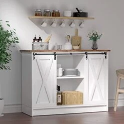 Farmhouse Coffee Bar Cabinet, 42’’ Kitchen Buffet Sideboard Cabinet With Storage, White Coffee Bar Buffet Cabinet With Sliding Barn Door, Coffee Bar Table With Adjustable Shelf For Living Dining Room -Amazon Store 41xbq03tZ0L