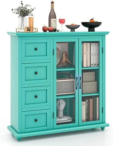 COSTWAY Buffet Sideboard Storage Cabinet, Console Table With 4 Drawers, 2-Glass Door, For Kitchen Dining Room, Entryway, Kitchen Pantry, Buffet Server (White) 11 COSTWAY Buffet Sideboard Storage Cabinet, Console Table With 4 Drawers, 2-Glass Door, For Kitchen Dining Room, Entryway, Kitchen Pantry, Buffet Server (White) - Image 9