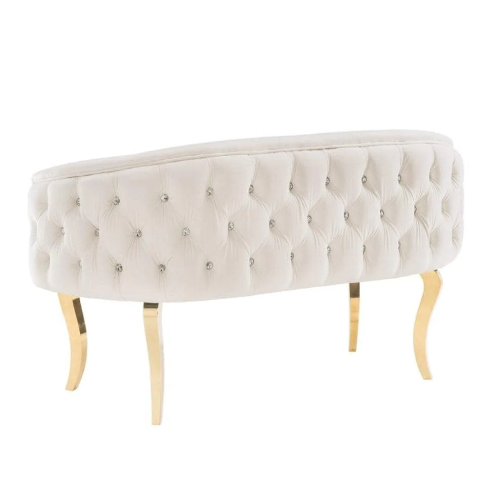 GENERIC Bench White Solid Mid-Century Modern Metal Velvet Goldtone Finish 4 GENERIC Bench White Solid Mid-Century Modern Metal Velvet Goldtone Finish - Image 2