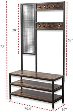 Extrordinary Living Entryway Large Coat Rack Stand Shoe Bench 3-in-1 Hall Tree 3-Tier Storage Shelves With Steel Frame With Grid Wall Multifunctional Hallway Shelf Office Bedroom Wood Look Accent Furniture Hall Tree (Hang Wall) (Dark Walnut) -Amazon Store 41xwrO44UeL