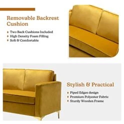 HULALA HOME Modern Velvet Loveseat Sofa With Gold Legs, Comfy Upholstered Small Love Seat Couch With Removable Cushions, 2-Seater Sofa For Living Room Bedroom, Mustard -Amazon Store 41yVMdrMQjL