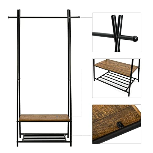 Meerveil Vintage Industrial Coat Rack Clothes Stand,Coat And Shoe Stand With Storage Shelf For Shoes,Hallway Matt Metal Frame Shoe Rack With Clothes Rack 5 Meerveil Vintage Industrial Coat Rack Clothes Stand,Coat And Shoe Stand With Storage Shelf For Shoes,Hallway Matt Metal Frame Shoe Rack With Clothes Rack - Image 3