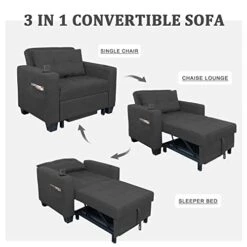 DURASPACE Futon Sofa Bed, 3 In 1 Convertible Sofa Chair Bed, Adjustable Backrest Chair, Chaise Lounge With USB Ports, Cup Holder, Side Pocket, Storage Box For Living Room (Dark Gray Linen) -Amazon Store 41yvRHGACjL