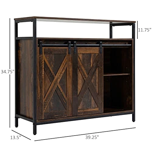 HOMCOM Industrial Sideboard Buffet Cabinet, Kitchen Cabinet With Sliding Barn Doors, Coffee Bar Cabinet With Stemware Racks, Drawer And Adjustable Shelves For Living Room, Home Bar, Rustic Brown 5 HOMCOM Industrial Sideboard Buffet Cabinet, Kitchen Cabinet With Sliding Barn Doors, Coffee Bar Cabinet With Stemware Racks, Drawer And Adjustable Shelves For Living Room, Home Bar, Rustic Brown - Image 3