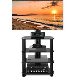 4-Tiers Media Component TV Stand With Swivel Mount Audio Shelf And Height Adjustable Bracket, Black Floor TV Stand For 32-70 Inch LCD LED OLED Flat/Curved Screen TVs