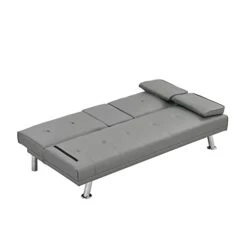 GENERIC Sofa Bed With Armrest Two Holders Wood Frame, Stainless Leg, FUTON Grey PVC -Amazon Store 41zkSESphmL