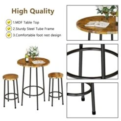 AWQM 3 Piece Bar Table Set, Counter Height Bar Table And Chairs Set, Round Small Kitchen Dining Table Set For 2, Ideal For Breakfast Nook, Kitchen, Dining, Small Spaces- Rustic Brown -Amazon Store 41zsopY3LJL