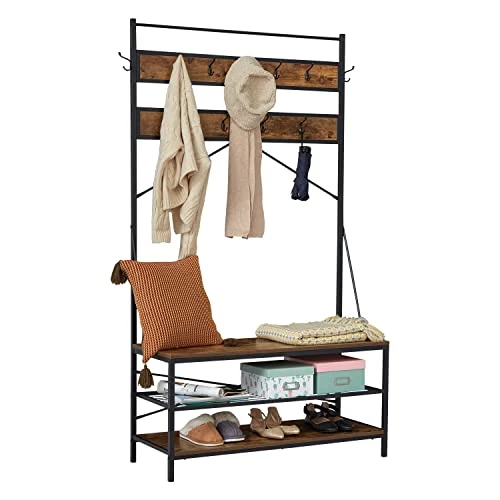 Kinsuite Coat Rack With Bench Storage Shelves, Multifunctional Industrial Entryway Hall Tree With 2-Tier Shoes Shelves And Hooks For Living Room Bedroom Cloakroom, Rustic Brown 6 Kinsuite Coat Rack With Bench Storage Shelves, Multifunctional Industrial Entryway Hall Tree With 2-Tier Shoes Shelves And Hooks For Living Room Bedroom Cloakroom, Rustic Brown - Image 4