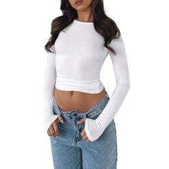 Women Slim Fit Crop Top Long Sleeve Crew Neck Basic T-Shirts With Thumb Holes Sexy Solid Pullover Blouse Top Tee Tops