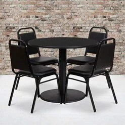 Flash Furniture 36'' Round Natural Laminate Table Set With Round Base And 4 Black Trapezoidal Back Banquet Chairs -Amazon Store 51 Ciwhb27L. AC