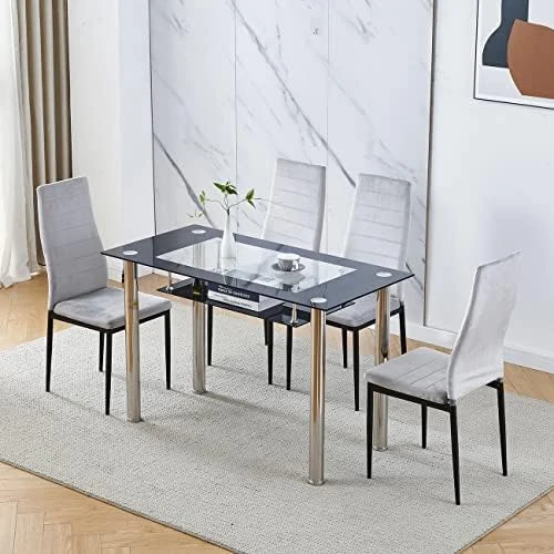 Nozama Rectangular Dining Table Chair Set Space Saving Dining Room Home Furniture Transparent Glass Stainless Steel Metal Legs For 4 People Flannal Black 15 Nozama Rectangular Dining Table Chair Set Space Saving Dining Room Home Furniture Transparent Glass Stainless Steel Metal Legs For 4 People Flannal Black - Image 13