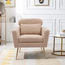 Mikibama Mid Century Modern Accent Chair Upholstered Reading Chair Armchair With Metal Legs And Throw Pillow Side Chair For Living Room Bedroom Office (Ivory,Teddy Fabric) -Amazon Store 51 TNSONWWL. AC