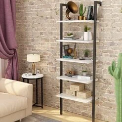 Hooseng Open Wall Mount Bookcase, Modern 5-Shelf Ladder Shelf W/Industrial Metal + Manufactured Wood Storage Organizer, Plant Display Rack, Stand Bookshelf For Home Office (Orange/Black) -Amazon Store 5100xXyVWmL. AC