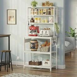 Rolanstar Baker's Rack With Power Outlet, 65.7inch Microwave Oven Stand With 10 Hooks, Stable Coffee Bar Table, 6-Tier Kitchen Storage Shelf Rack, Kitchen Utility Rack With Hutch, White -Amazon Store 5102bZhRcrL