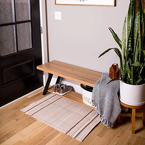 Wood Bench | Indoor Wooden Benches With Shoe Rack Organizer Cabinet | Farmhouse Entryway Wood And Metal Storage Bench For Living Room, Bedroom And Dining | Rustic Oak (14.2 X 17.5 X 47 Inches) 5 Wood Bench | Indoor Wooden Benches With Shoe Rack Organizer Cabinet | Farmhouse Entryway Wood And Metal Storage Bench For Living Room, Bedroom And Dining | Rustic Oak (14.2 X 17.5 X 47 Inches) - Image 3