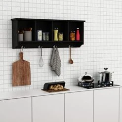 Love Furniture Wall Mounted Coat Rack Shelf, With 4 Storage Cabinets And 4 Wall Coat Hooks, Perfect Storage Space For Your Entryway, Mudroom, Kitchen, Bathroom And More, Black -Amazon Store 51092iamxRL