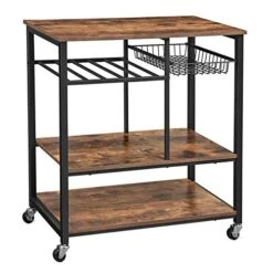 VASAGLE ALINRU Kitchen Cart, Food Storage Shelf With Metal Mesh Basket, Bottle Holder And Storage Shelves, 15.7 X 31.5 X 34.1 Inches, Industrial Style, Rustic Brown UKKS80X