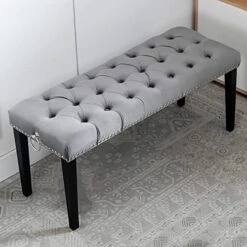 HEAH-YO Modern Velvet Bench Upholstered Ottoman Dining Bench With Pull Rings Nailhead Trim Tufted Footstool For Entryway Bedroom Kitchen Dining Table, Grey -Amazon Store 5109q w1XTL. AC